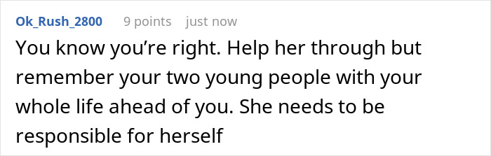 Screenshot of an online comment about an adult son refusing his religious mom moving in, discussing responsibility and boundaries.