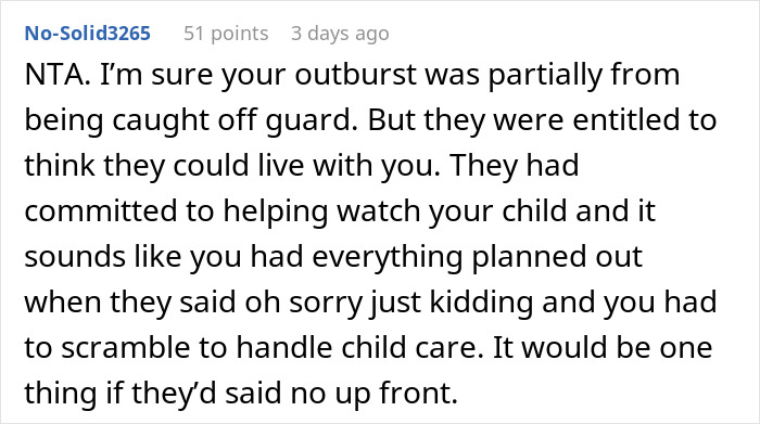 Reddit comment discussing in-laws refusing to help with childcare but expecting to move in unexpectedly.