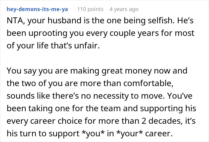 Comment excerpt discussing a woman refusing to move again after decades relocating for husband’s career, highlighting fairness and support. Comment excerpt discussing a woman refusing to move again after decades relocating for husband’s career, highlighting fairness and support.
