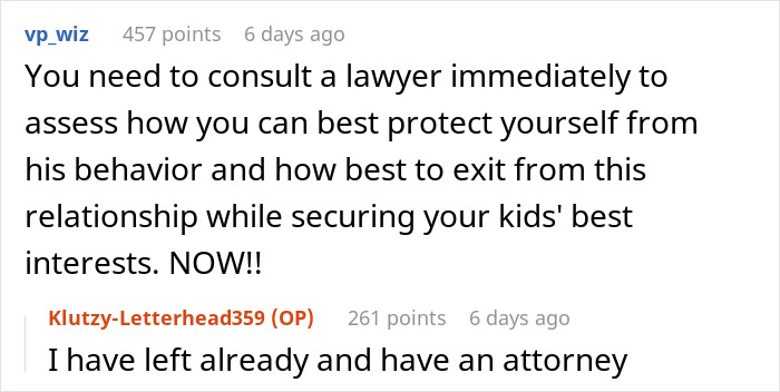 Screenshot of an online discussion about a SAHM wife facing financial blame and getting divorced after her husband tells her to get a job.