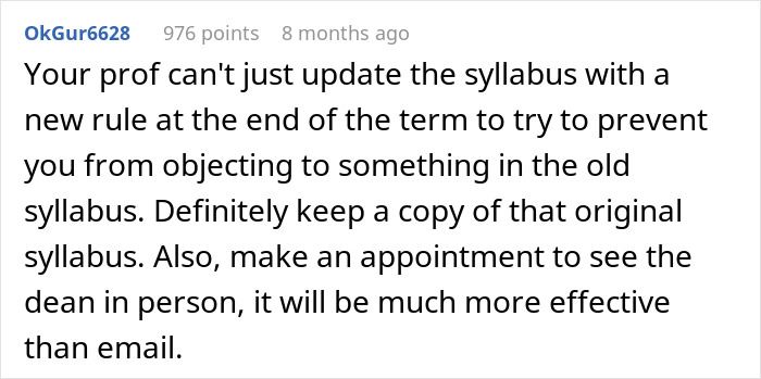Screenshot of online comment advising students to keep the original syllabus after professor enforces phone rule without warning.