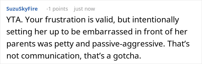 Screenshot of an online comment discussing a husband embarrassing his wife in front of her parents as a lesson. Screenshot of an online comment discussing a husband embarrassing his wife in front of her parents as a lesson.