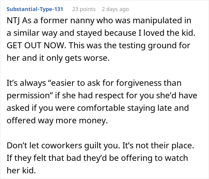 Text post from a former nanny sharing experience about a drunk lady showing up late and the sitter cutting her off.