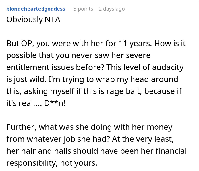 Comment discussing unemployed woman cheating on boyfriend with a jobless man and asking ex to fund her life, highlighting entitlement issues. Comment discussing unemployed woman cheating on boyfriend with a jobless man and asking ex to fund her life, highlighting entitlement issues.