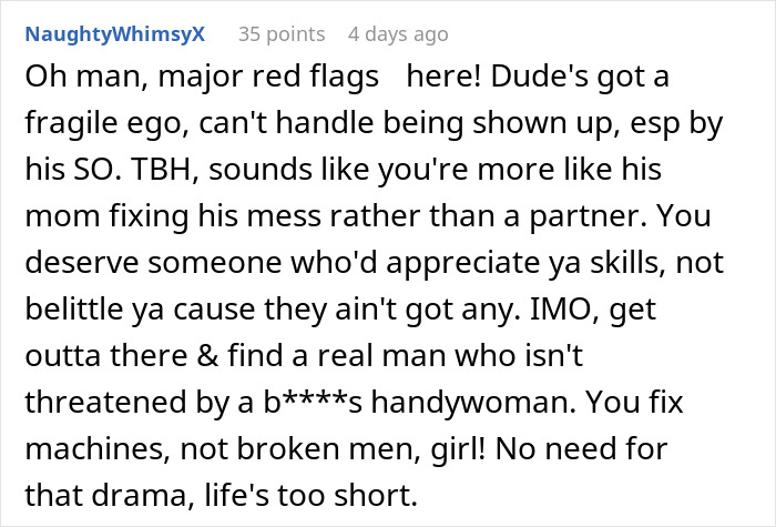 Woman ready to dump boyfriend who feels emasculated when she fixes things, highlighting fragile ego and relationship issues. Woman ready to dump boyfriend who feels emasculated when she fixes things, highlighting fragile ego and relationship issues.