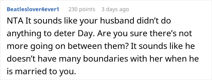 Comment suggesting husband lacks boundaries with female colleague, raising concerns about work-wife relationship dynamics.