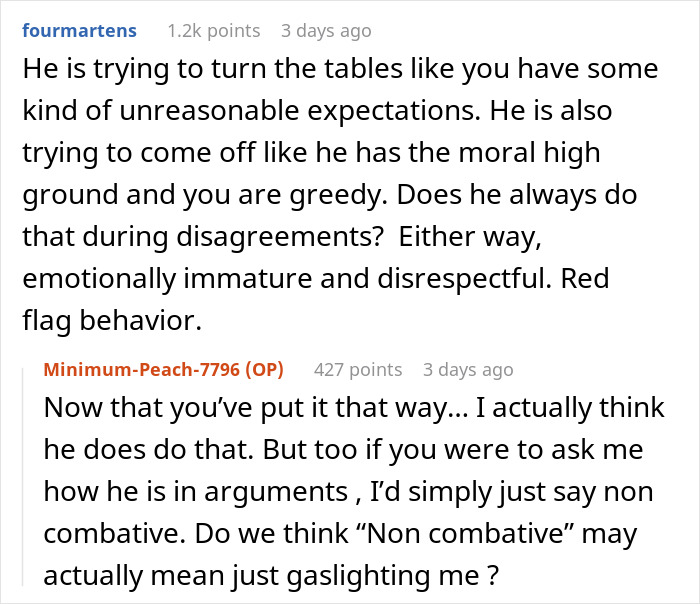 Screenshot of a Reddit conversation about a man failing to buy his girlfriend Christmas presents and his emotional immaturity. Screenshot of a Reddit conversation about a man failing to buy his girlfriend Christmas presents and his emotional immaturity.