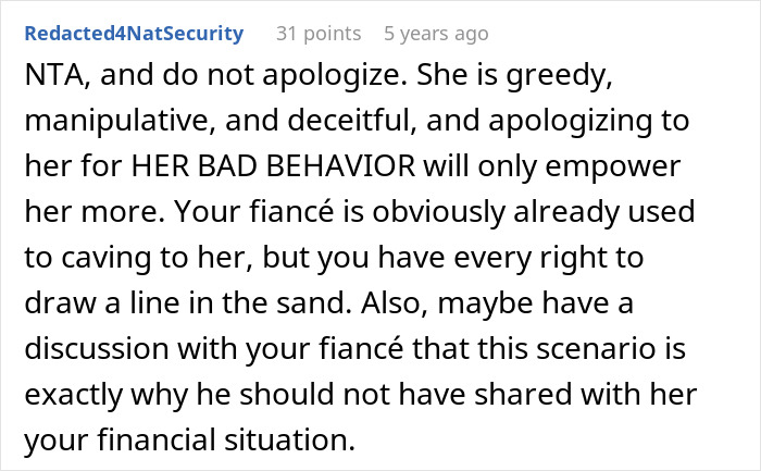 Reddit comment criticizing manipulative mother-in-law in a finance dispute with yoga teacher fiancee. Reddit comment criticizing manipulative mother-in-law in a finance dispute with yoga teacher fiancee.
