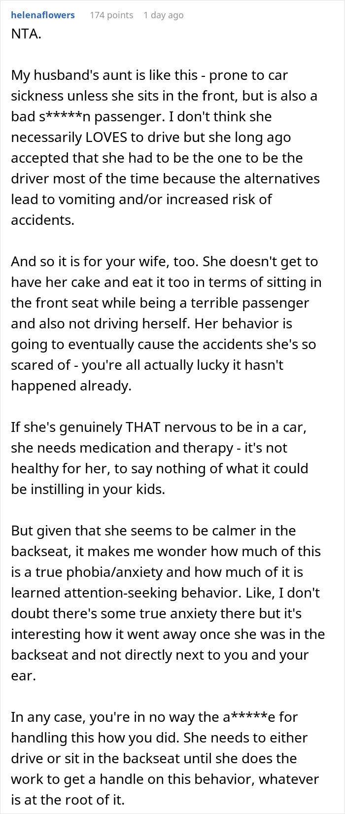 Text excerpt discussing husband banning wife from the front seat after her anxiety meltdown poses risk while driving. Text excerpt discussing husband banning wife from the front seat after her anxiety meltdown poses risk while driving.