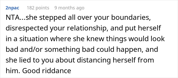 Reddit comment discussing relationship boundaries and trust issues after a male bestie tries to make a move on girlfriend.