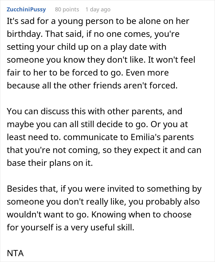 Reddit comment discussing parent wonders if daughter should attend a birthday party alone when others skip Reddit comment discussing parent wonders if daughter should attend a birthday party alone when others skip