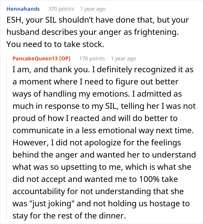 Screenshot of Reddit conversation showing user discussing SIL holding couple hostage at dinner and threatening car with food if they leave. Screenshot of Reddit conversation showing user discussing SIL holding couple hostage at dinner and threatening car with food if they leave.