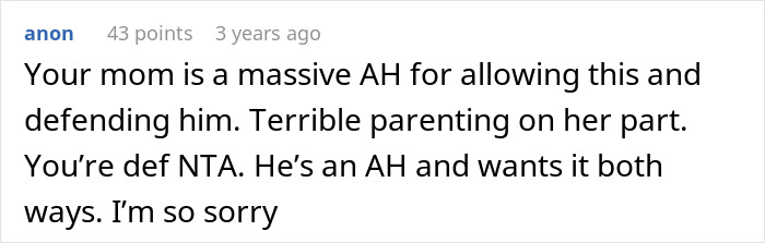 Screenshot of a forum comment discussing a teen calling out stepdad for ignoring him and family conflict perspective. Screenshot of a forum comment discussing a teen calling out stepdad for ignoring him and family conflict perspective.