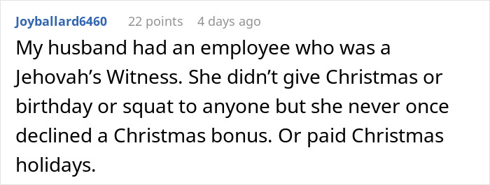 Comment about babysitter gives birthday gift, mother furious, with user sharing experience of employee refusing gifts but accepting bonuses.