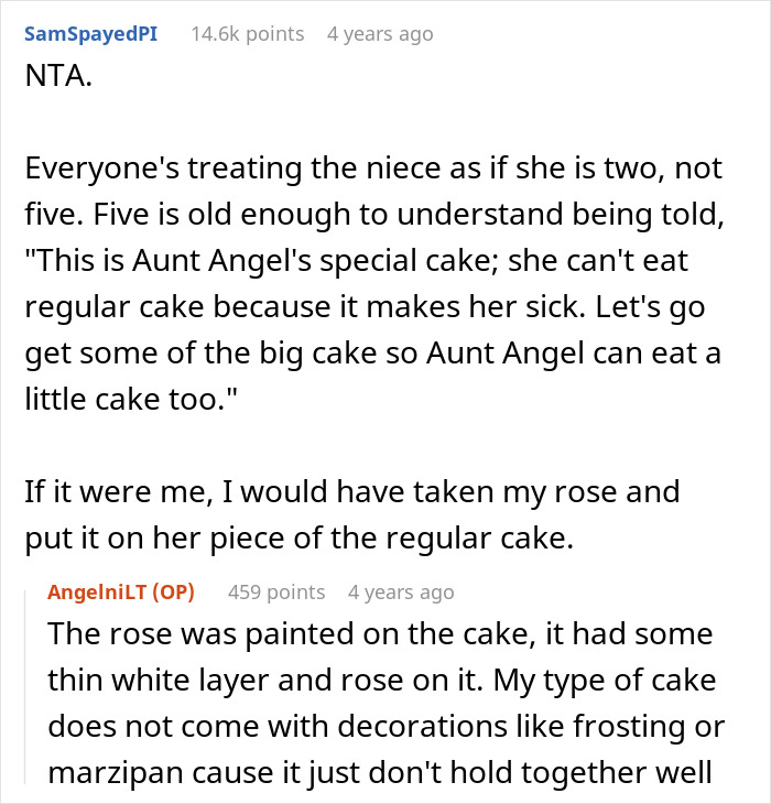 Comment discussion about refusing to give food to little niece, explaining cake allergies and appropriate treatment for a five-year-old.