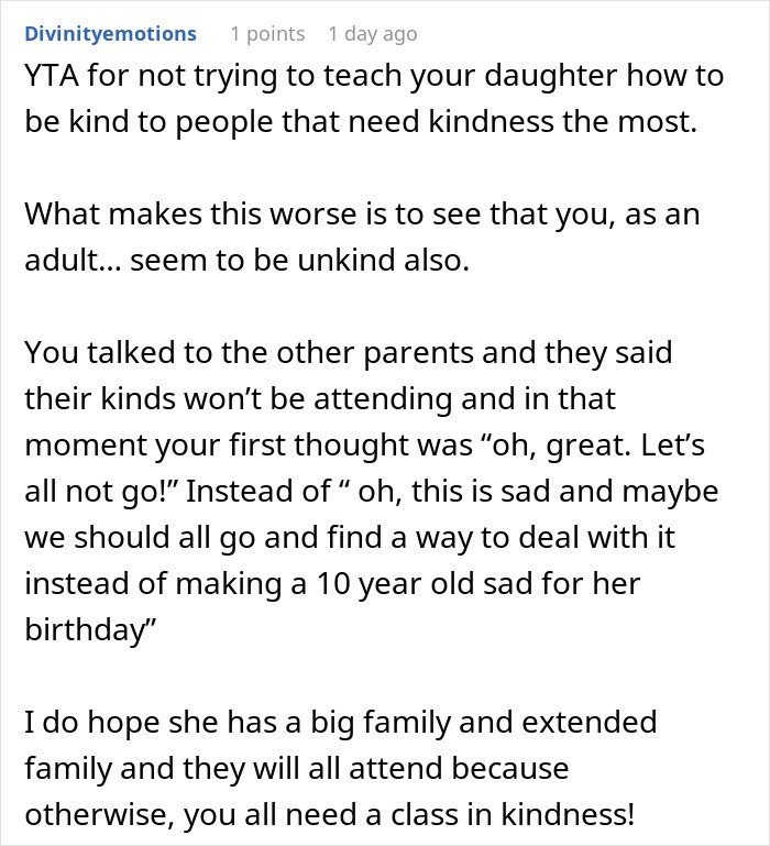 Screenshot of forum comment calling out a parent who wonders about making daughter attend a birthday others are skipping Screenshot of forum comment calling out a parent who wonders about making daughter attend a birthday others are skipping