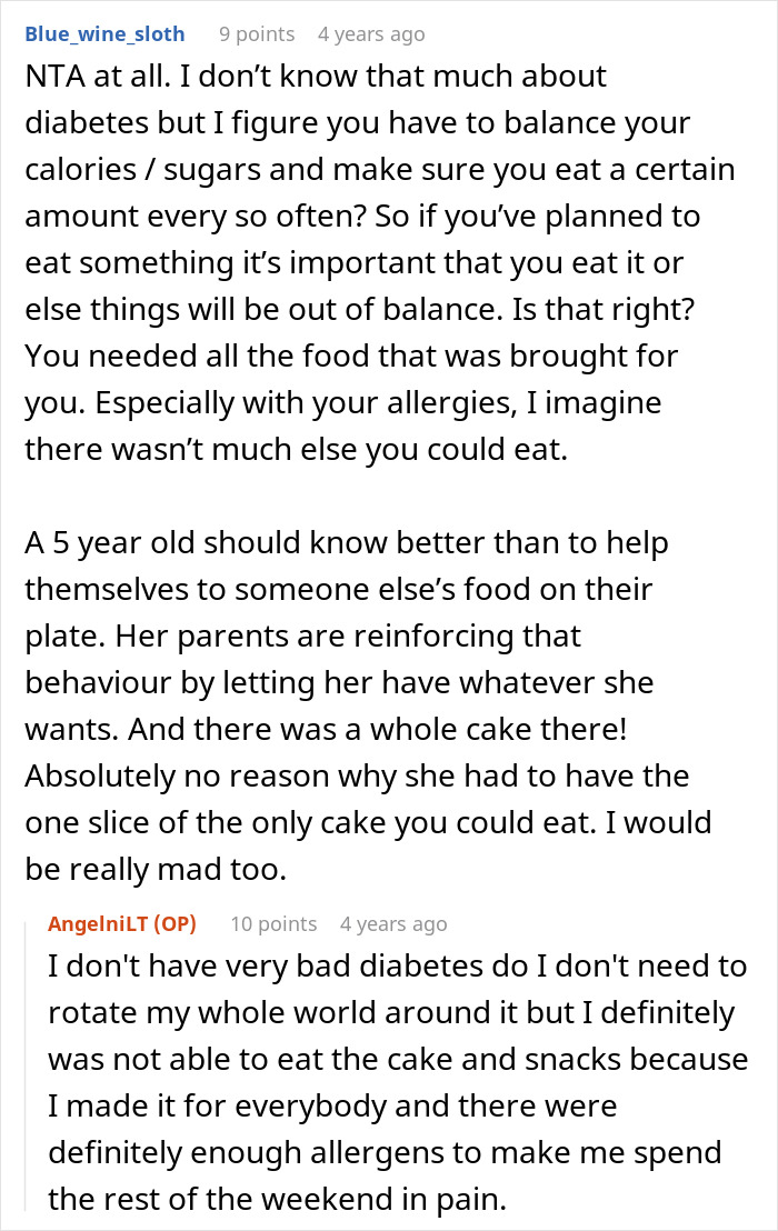 User discussing refusing to give food to little niece due to allergies and diabetes concerns in a detailed online comment.