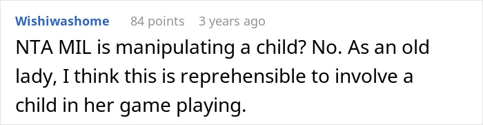 Comment criticizing a greedy MIL wedding gift, describing manipulation involving a child as reprehensible behavior by an older woman.
