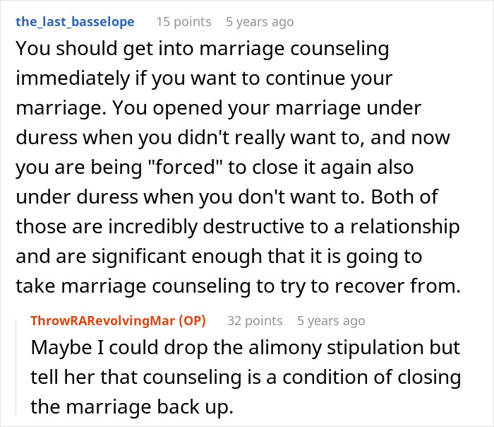 Discussion about marriage counseling after opening and closing an open marriage under duress to reconnect with an ex. Discussion about marriage counseling after opening and closing an open marriage under duress to reconnect with an ex.