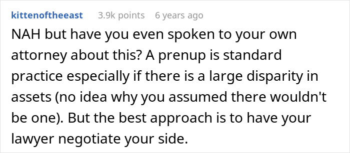 Text post discussing advice about prenups, emphasizing negotiation and legal consultation in relationships with asset disparities.