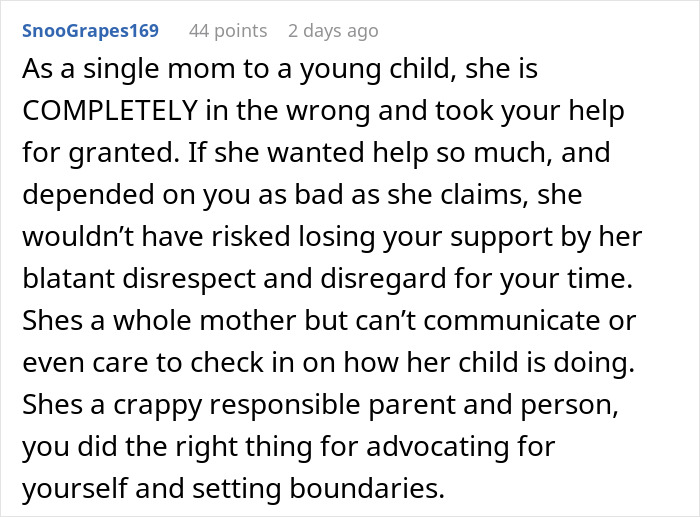Screenshot of a Reddit comment discussing a drunk lady showing up late to pick up her kid and the sitter cutting her off.