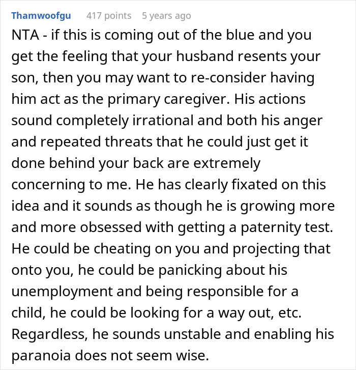 Comment discussing a man demanding a paternity test for his 3-year-old son and the impact on family dynamics.