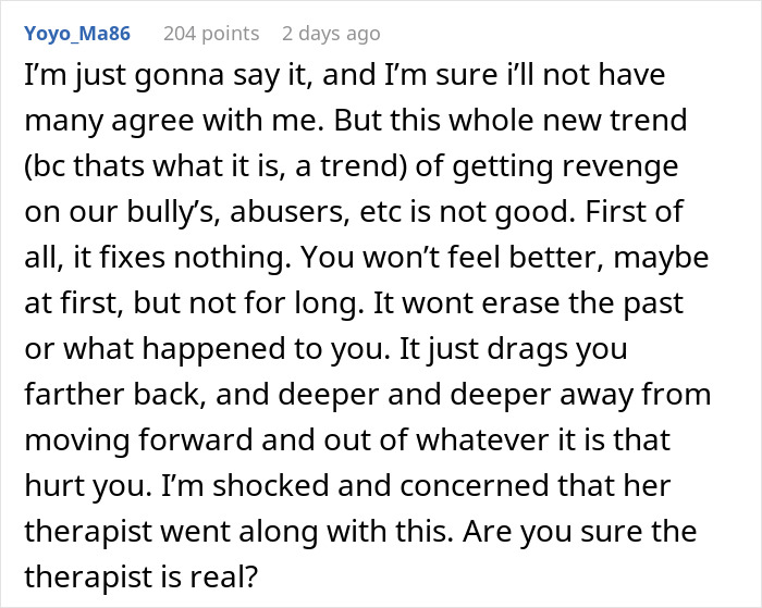 Comment discussing negative impacts of a fiancée’s obsession with her bully and concerns about therapy advice. Comment discussing negative impacts of a fiancée’s obsession with her bully and concerns about therapy advice.