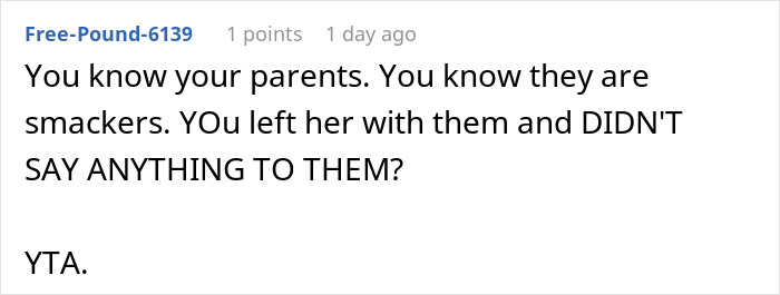 Screenshot of an online comment criticizing parents for leaving a 3-year-old with grandparents who spank to teach lessons.