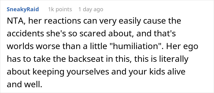 Comment text discussing how a wife’s anxiety meltdown puts them at risk, leading the husband to ban her from the front seat. Comment text discussing how a wife’s anxiety meltdown puts them at risk, leading the husband to ban her from the front seat.