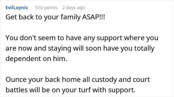 Comment urging pregnant wife to leave husband who never loved her, highlighting custody and support concerns.