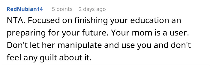 Screenshot of a Reddit comment discussing a woman who hasn&rsquo;t worked since 2006 demanding her child drop out of college.