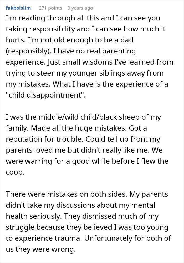 Dad claims he did everything for his children but sees all five of them as failures, reflecting family disappointment.