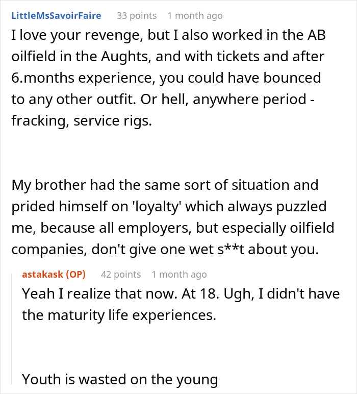 Forum conversation showing a user discussing workplace revenge theatrics and bullying in an oilfield job context.