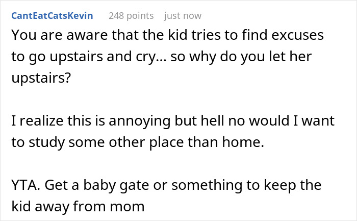 Screenshot of an online comment discussing a dad struggling to keep toddler from mom so she can study. Screenshot of an online comment discussing a dad struggling to keep toddler from mom so she can study.