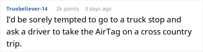 Comment discussing temptation to use an AirTag to track a vehicle on a cross-country trip for safety reasons.