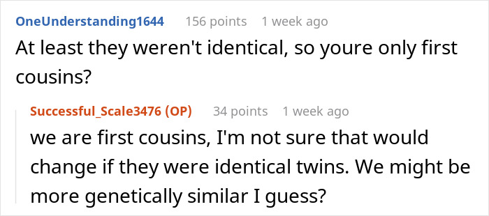 Screenshot of a Reddit conversation discussing discovery of being engaged to a first cousin after a family event. Screenshot of a Reddit conversation discussing discovery of being engaged to a first cousin after a family event.
