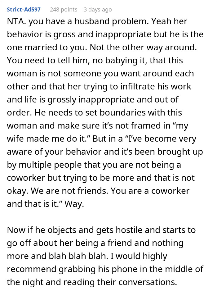 Reddit advice on guy&rsquo;s relationship with female colleague crossing work-wife boundaries and real wife setting limits.
