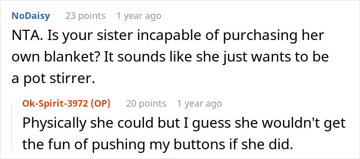 Reddit comment screenshot about a sister exchanging a heated blanket gifted by sibling and complaining when mom gets it Reddit comment screenshot about a sister exchanging a heated blanket gifted by sibling and complaining when mom gets it