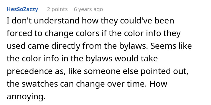 Commenter HessSoZazzy discussing confusion over HOA bylaws on color changes and the frustration with swatches changing over time. Commenter HessSoZazzy discussing confusion over HOA bylaws on color changes and the frustration with swatches changing over time.