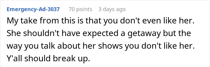 Screenshot of a Reddit comment discussing a man losing it when his girlfriend misunderstands his business trip as a romantic getaway.