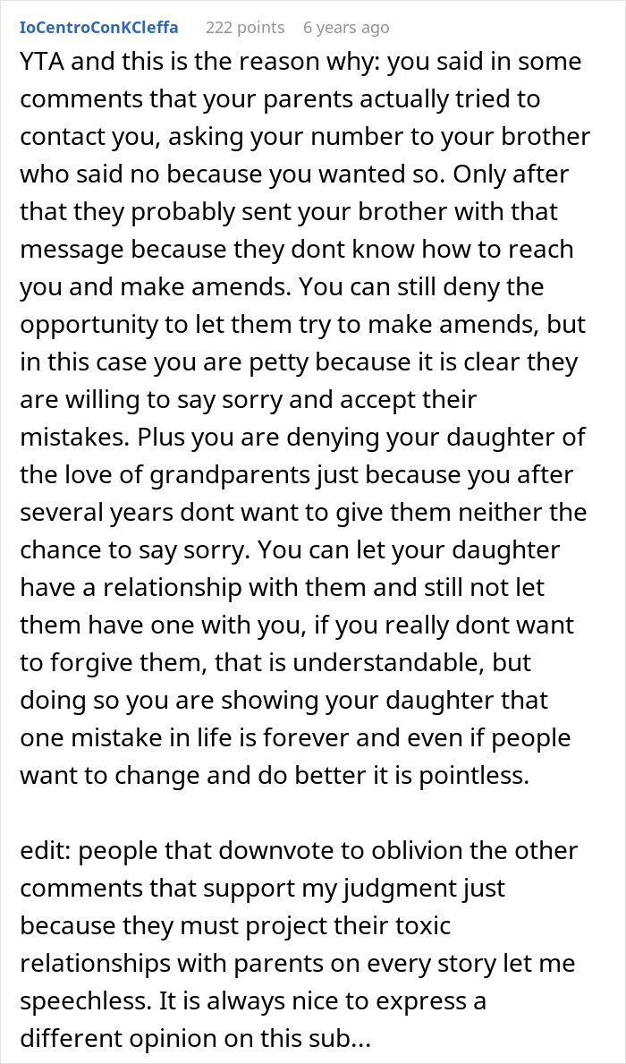 Comment discussing a woman refusing to let parents see her baby due to unresolved issues from 15 years ago.