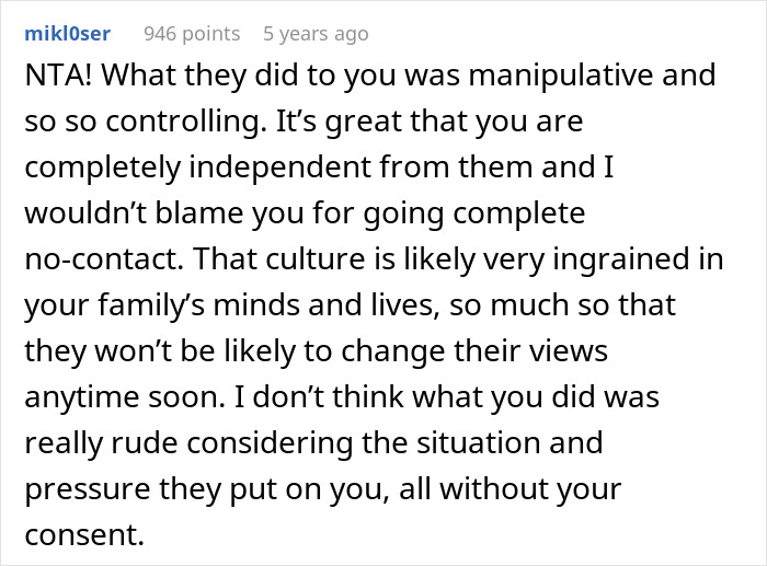 Screenshot of a Reddit comment discussing manipulation and control related to arranged marriage culture in India. Screenshot of a Reddit comment discussing manipulation and control related to arranged marriage culture in India.