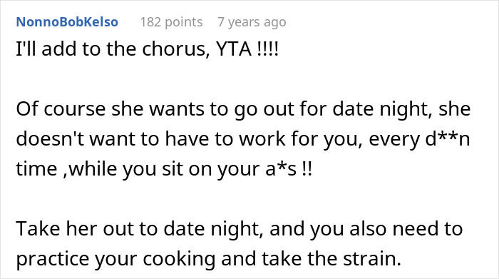 Comment discussing a chef girlfriend and boyfriend not going to restaurants, emphasizing date night and cooking efforts.