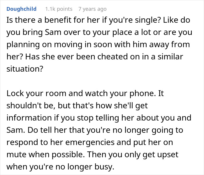 Forum comment discussing a woman fabricating evidence of cheating to convince her friend to dump boyfriend.