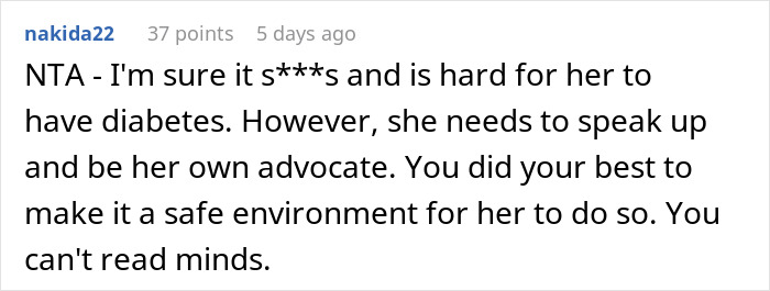 Screenshot of a user comment discussing challenges of diabetes and advocating for self-advocacy after an unplanned walking trip.