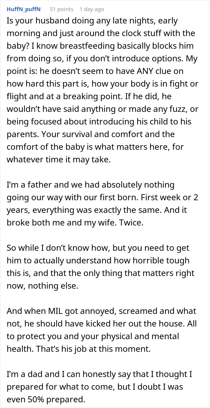 Comment discussing challenges new moms face with husband and in-laws, emphasizing newborn care and mental health support.