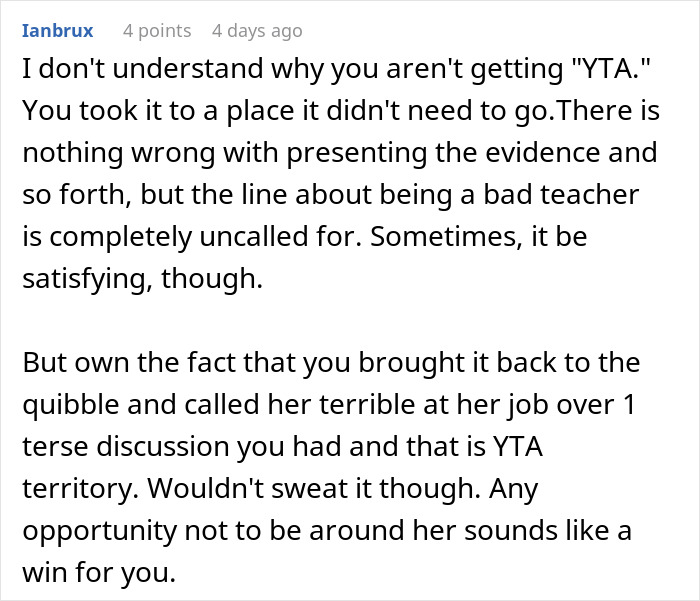 Comment discussing a teacher getting schooled by a kid and his dad putting her in her place in a forum post. Comment discussing a teacher getting schooled by a kid and his dad putting her in her place in a forum post.