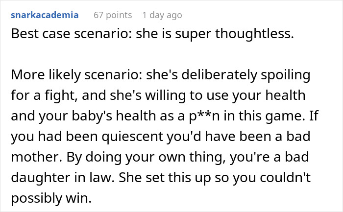 Screenshot of a discussion debating expired food in her pantry from 1999 and a pregnant woman declining meals from her MIL.
