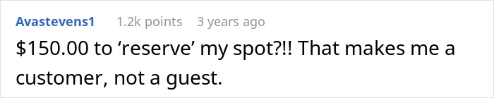 Screenshot of an online comment about reserving a spot, reflecting a discussion around a bridezilla family meeting scenario. Screenshot of an online comment about reserving a spot, reflecting a discussion around a bridezilla family meeting scenario.
