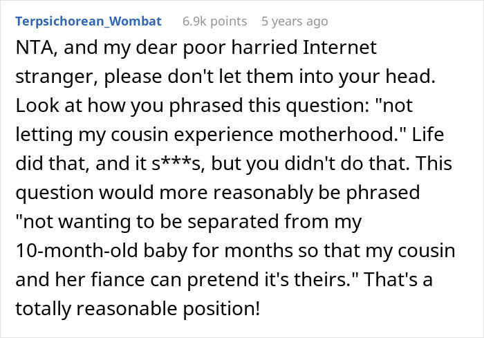 Screenshot of a Reddit comment discussing a cousin with cancer wanting to borrow a baby to experience motherhood. Screenshot of a Reddit comment discussing a cousin with cancer wanting to borrow a baby to experience motherhood.